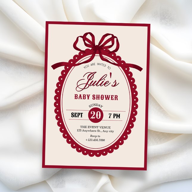 Red vintage bow baby shower invitation (Créateur téléchargé)