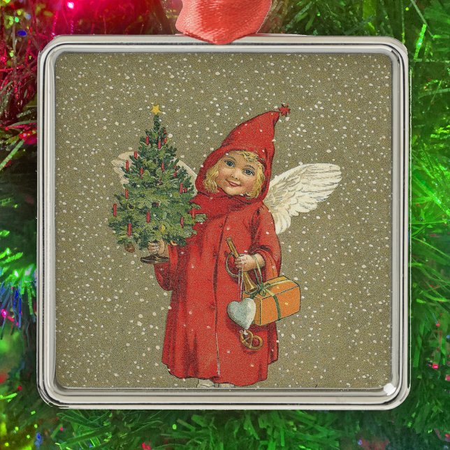 Red Vintage Christmas Angel Tree Silbernes Ornament (Victorian little angel in red cape Christmas Tree falling snow on tan christmas ornament.)