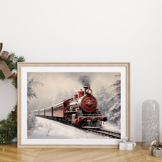 Red Vintage Weihnachts-Express Bahn Poster (Red Vintage Christmas Express Train Wall Art next to a Christmas ornament.)