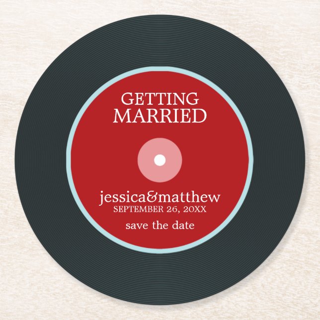 Red Vinyl Record Wedding Save the Date Wedding Runder Pappuntersetzer (Vorderseite)