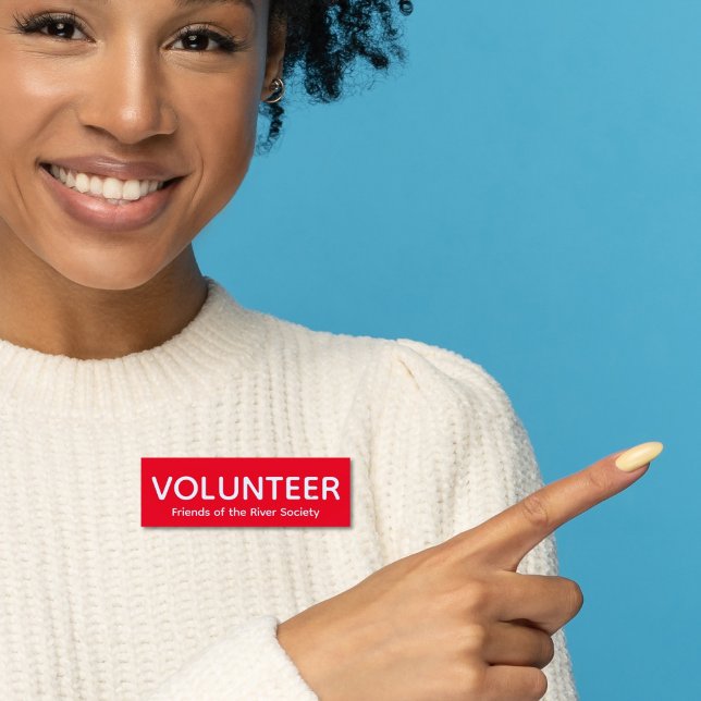 Red Volunteer Abzeichen Name Tag Namensschild (Woman in ivory sweater wearing this customizable volunteer name tag badge in red and white.)