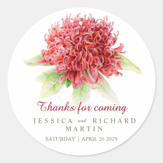 Red Waratah Blume Art danke Ihnen Hochzeitsticker Runder Aufkleber (Vorderseite)