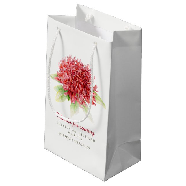 Red Waratah Blume Art Dankeschön Geschenktasche Kleine Geschenktüte (Rückseite Schrägansicht)