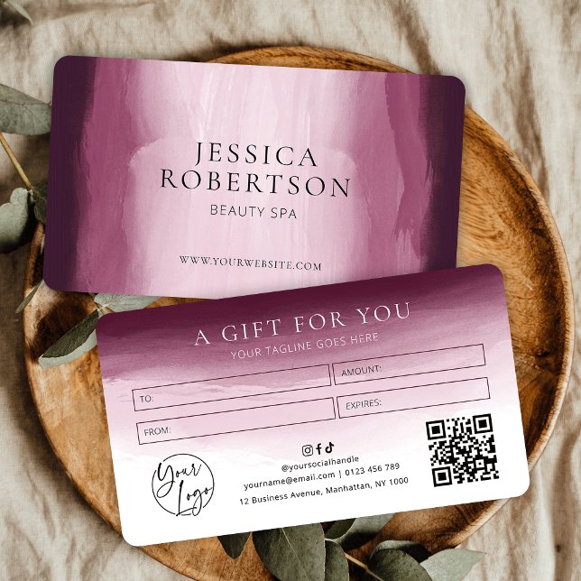 Red Watercolor Beauty Salon Certificat cadeau Spa (Elegant burgundy red watercolor business gift voucher with your logo, QR code and contact details)