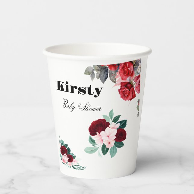 Red Watercolor Blume Babydusche Pappbecher (Rückseite)