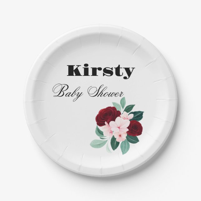 Red Watercolor Blume Babydusche Pappteller (Vorderseite)