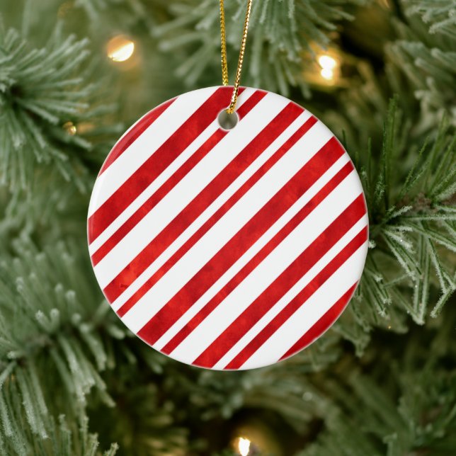 Red Watercolor Candy Cane Streifen Keramik Ornament (Baum)