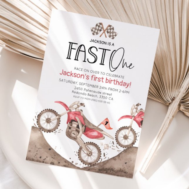 Red watercolor Dirt Bike 1st birthday - Fast one Einladung (Red dirt bike first birthday invitation, fast one birthday, watercolor dirt bike)