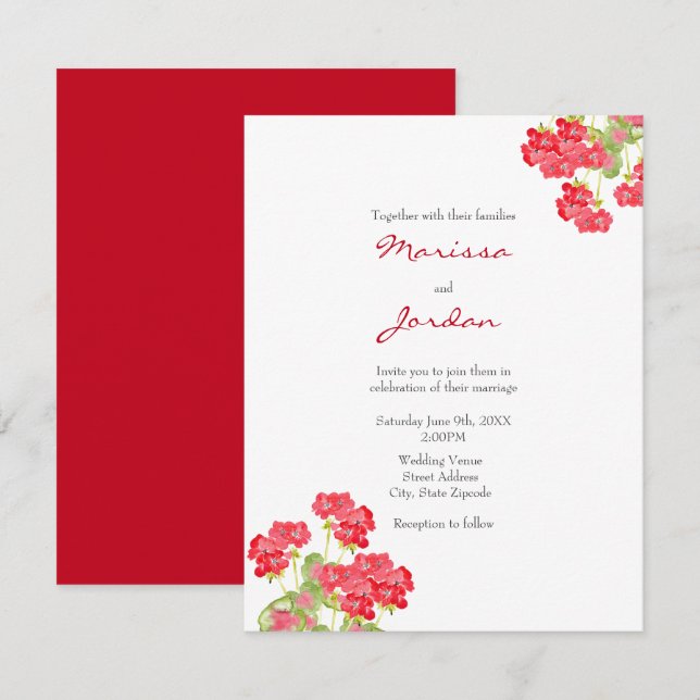 Red Watercolor Geranias 2 Einladung (Vorne/Hinten)