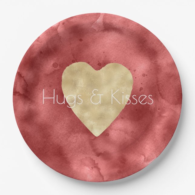Red Watercolor Gold Heart Pappteller (Vorderseite)