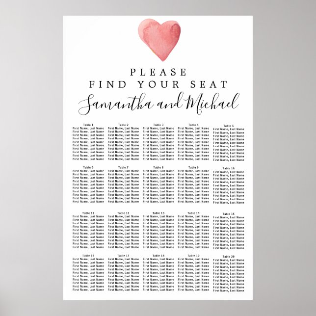 Red Watercolor Heart 20-Tisch Seating Chart Poster (Vorne)