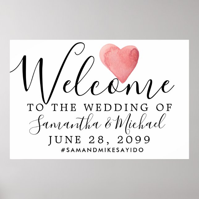Red Watercolor Heart Modern Wedding Willkommenszei Poster (Vorne)