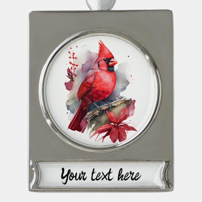 Red Watercolor Kardinal Banner-Ornament Silber (Vorderseite)