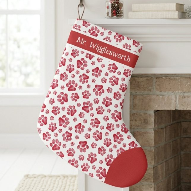 Red Watercolor Paw Print Pattern Großer Weihnachtsstrumpf (Red watercolor paw print Christmas stocking — festive holiday gift idea for an animal lover.)