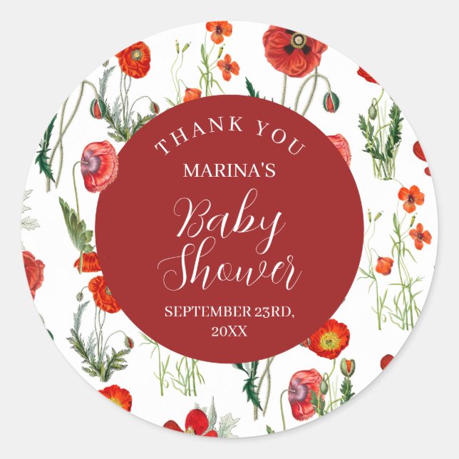Red Watercolor Poppies Florals Baby Shower Runder Aufkleber (Vorderseite)