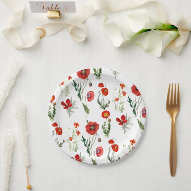 Red Watercolor Poppies Florals Pappteller (Hochzeit)