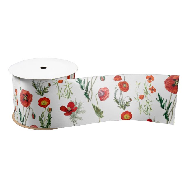 Red Watercolor Poppies Florals Satinband (Spule)