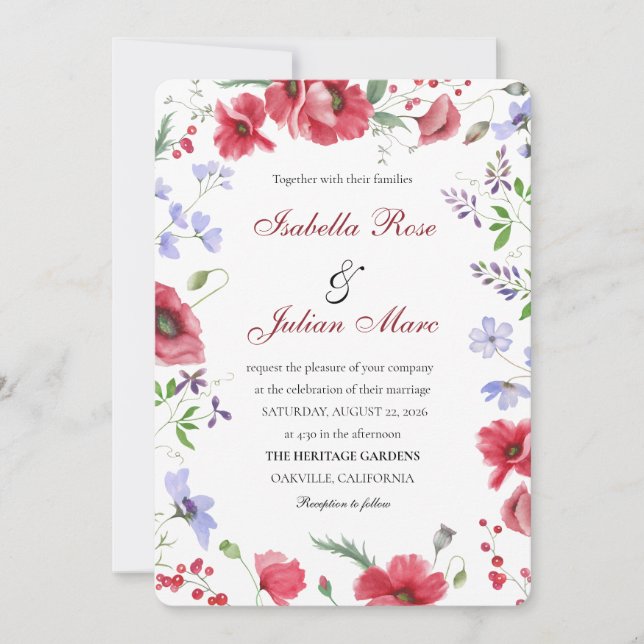 Red Watercolor Poppy & Lavender Floral Wedding Einladung (Vorderseite)