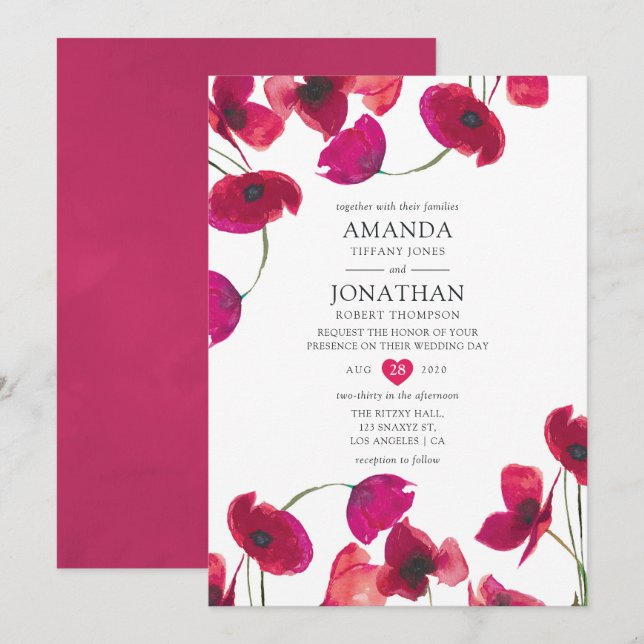 Red Watercolor Poppy Wedding Einladung (Vorne/Hinten)