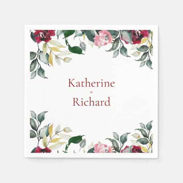Red Watercolor Rose Hochzeitcocktail Serviette (Vorderseite)