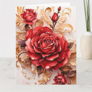 Red Watercolor Rose Script Vintag Style Karte