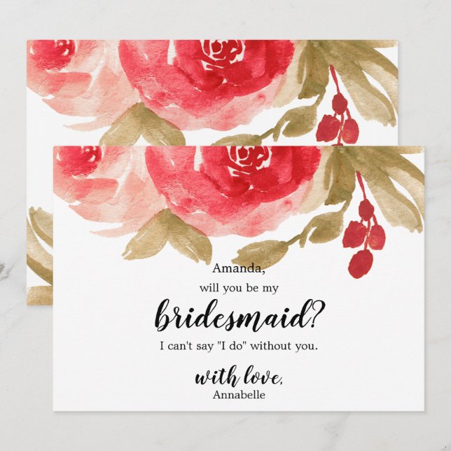 Red Watercolor Rose Wedding is My Bridesmaid Einladung (Vorne/Hinten)