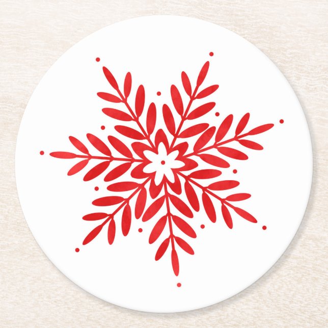 Red Watercolor Snowflake Runder Pappuntersetzer (Vorderseite)