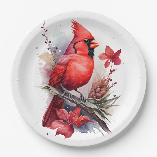 Red Watercolor Winter Kardinal Pappteller (Vorderseite)