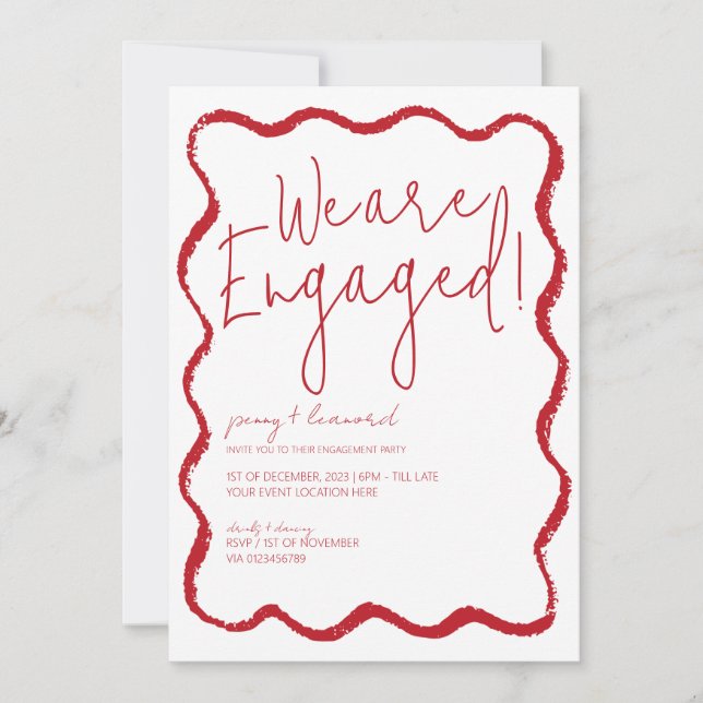Red Wave Border Scallop Edge Engagement Party Einladung (Vorderseite)