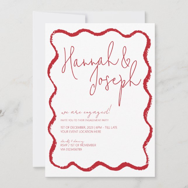 Red Wave Border Scallop Edge Engagement Party Einladung (Vorderseite)