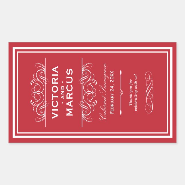 Red Wedding Wine Bottle Monogram Fevor Labels Rechteckiger Aufkleber (Vorderseite)