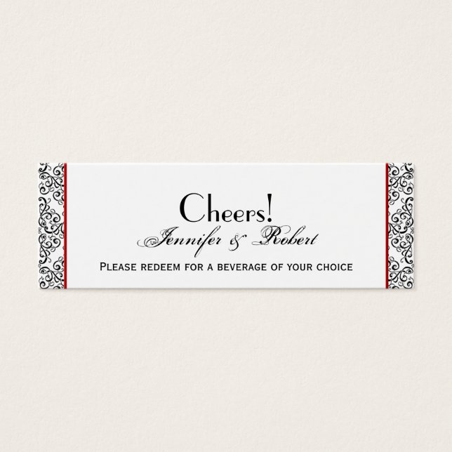 Red Wedk Drink Ticket für Schwarz und Weiß Damask (Vorderseite)