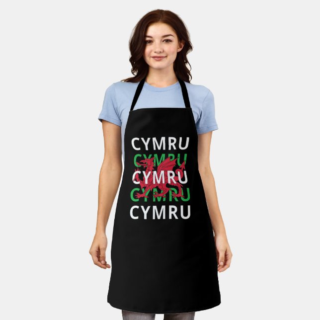 Red Welsh Dragon Cymru Wiederholung Text Wales Roo Schürze (Getragen)