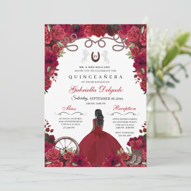 Red Western Charra Princess Ranchero Quinceanera Einladung (Stehend Vorderseite)