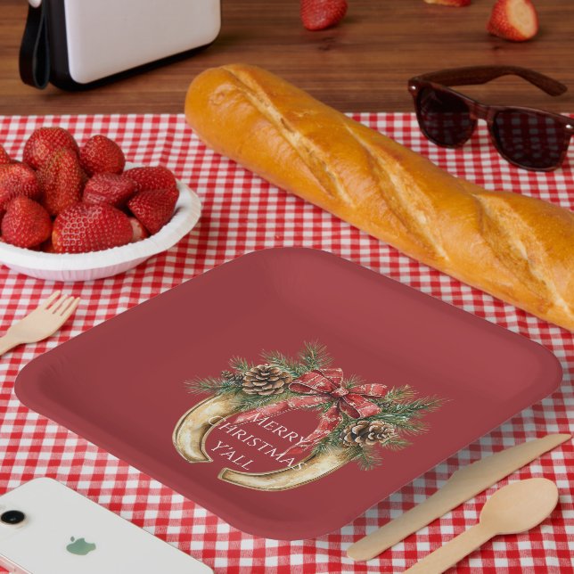Red Western Gold Horse Shoe Weihnachtsferien Pine  Pappteller (Picknick)