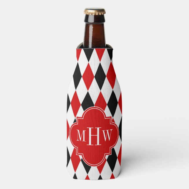 Red WhBlack Harlequin Red Quatrefoil 3 Monogramm Flaschenkühler (Flaschenvorderseite)
