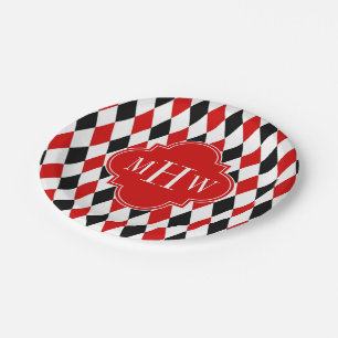 Red WhBlack Harlequin Red Quatrefoil 3 Monogramm Pappteller