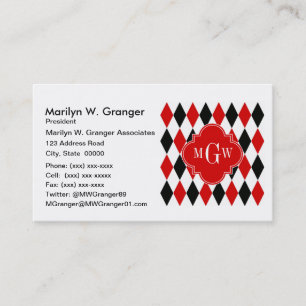 Red WhBlack Harlequin Red Quatrefoil 3 Monogramm Visitenkarte