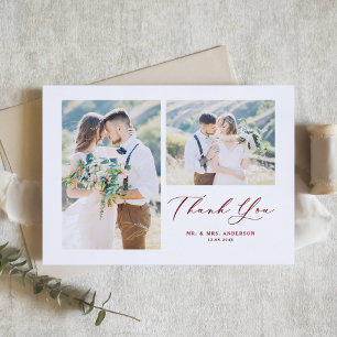Red Whimsical Calligraphy Foto Collage Wedding Dankeskarte
