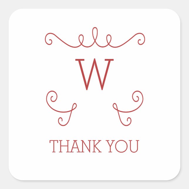 Red Whimsical Geblüht Monogram Danke Quadratischer Aufkleber (Vorderseite)