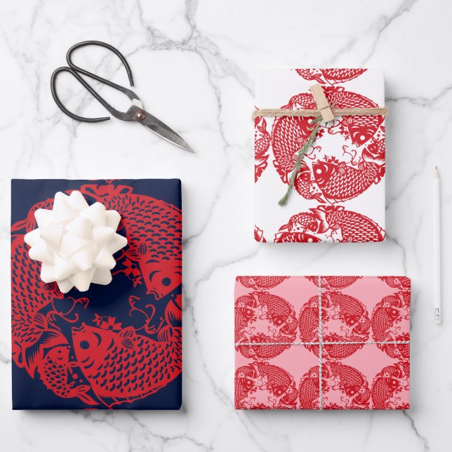 Red Whirling Koi Carp Fish Group WPS3 Geschenkpapier Set (Vorderseite)