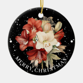 Red & White Amaryllis über Schwarz Frohe Weihnacht Keramik Ornament