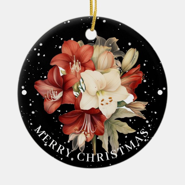 Red & White Amaryllis über Schwarz Frohe Weihnacht Keramik Ornament (Vorne)