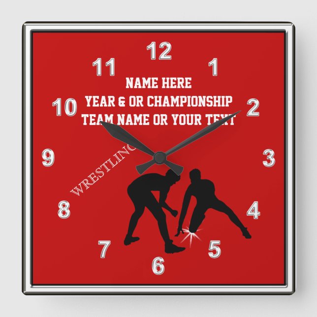 Red, White and Black Personalized Wrestling Clock Quadratische Wanduhr (Vorderseite)