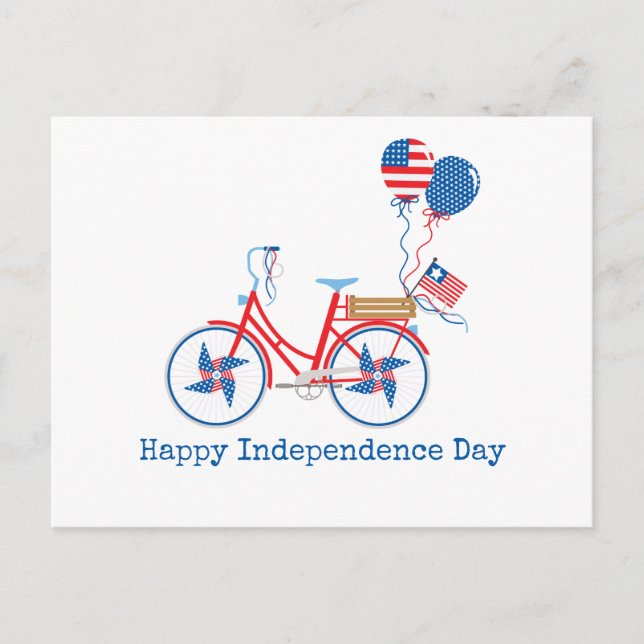 Red White and Blue 4. Juli Whimsical Bicycle Postkarte (Vorderseite)