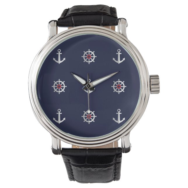 Red White and Blue Anchor Pattern Armbanduhr (Vorderseite)