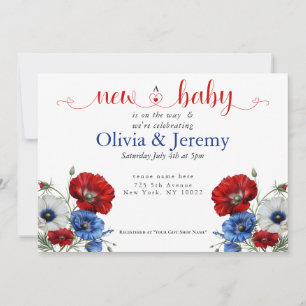 Red White and Blue Floral Baby Dusche Einladung