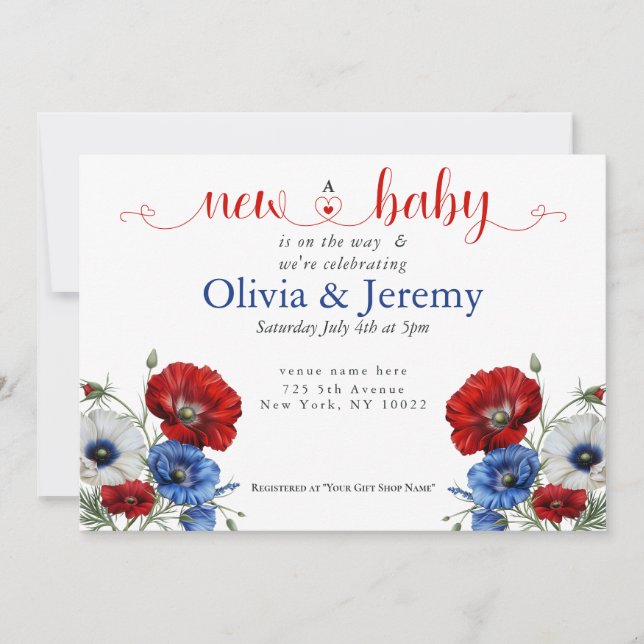 Red White and Blue Floral Baby Dusche Einladung (Vorderseite)