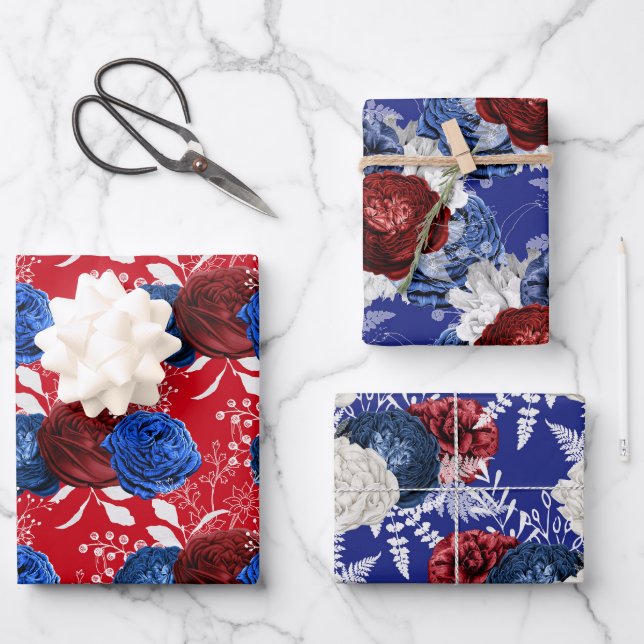 Red, White and Blue Floral USA Muster Geschenkpapier Set (Vorderseite)
