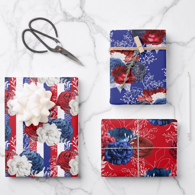 Red, White and Blue Floral USA Muster Geschenkpapier Set (Vorderseite)